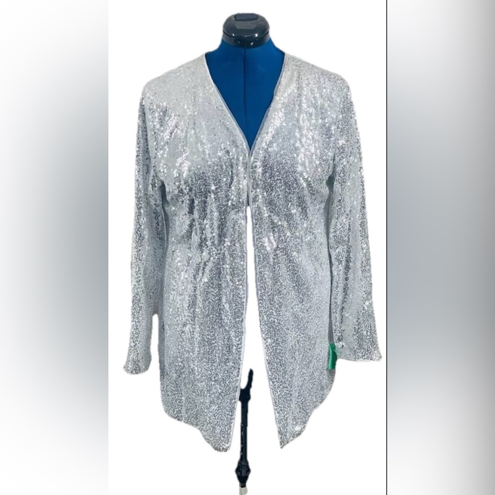 KANCY KOLE Women's Sequin Jacket Open Front Blazer Long Sleeves Sz L Silver